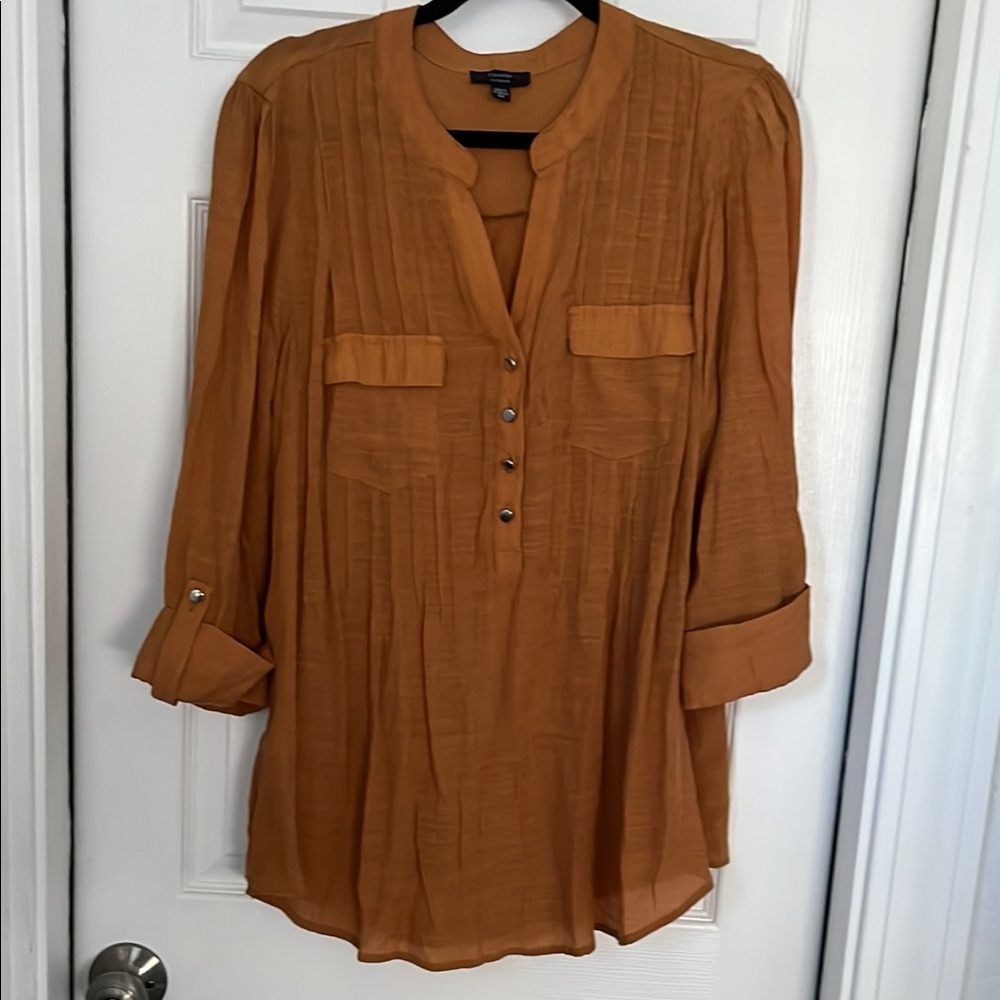 Cocomo Gold Blouse with Cuffed Sleeves and Mandarin Collar